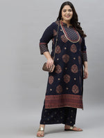 Thumbnail for Sztori Plus Size Floral Printed Round Neck Straight Kurta with Palazzos - Distacart