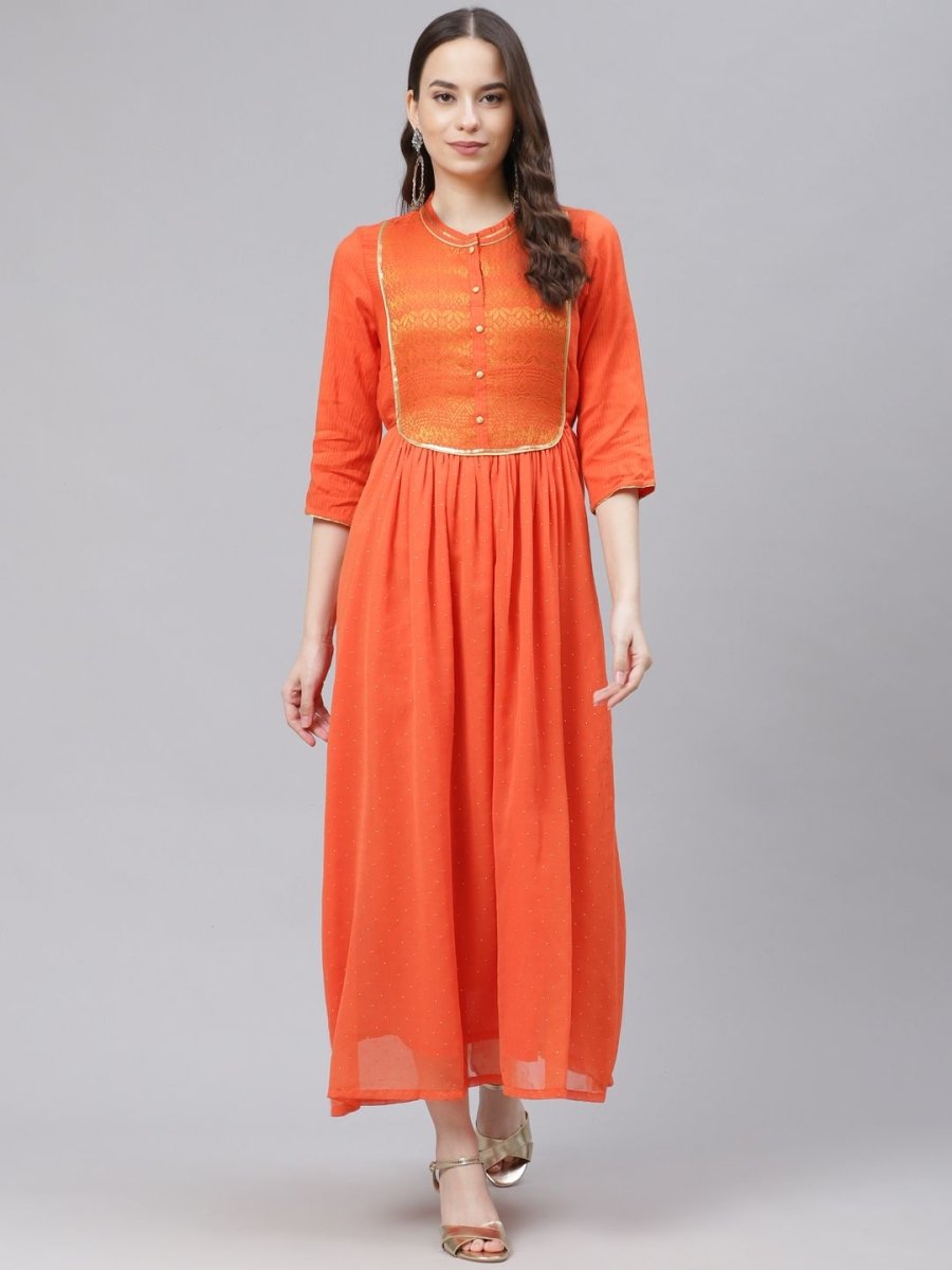 AURELIA Orange & Golden Yoke Design Maxi Dress - Distacart