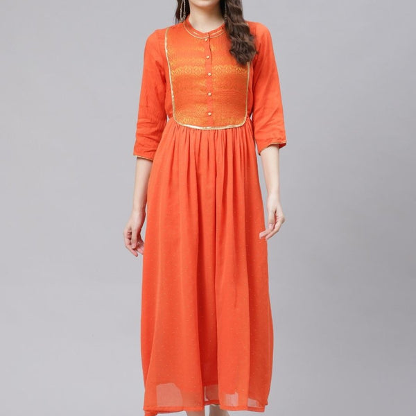 AURELIA Orange & Golden Yoke Design Maxi Dress - Distacart