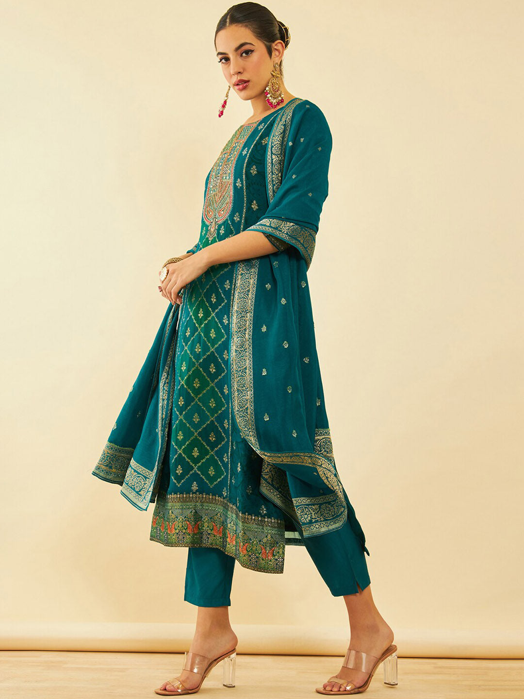 Soch Floral Printed Round Neck Three-Quarter Sleeves Kurta with Trousers & With Dupatta - Distacart