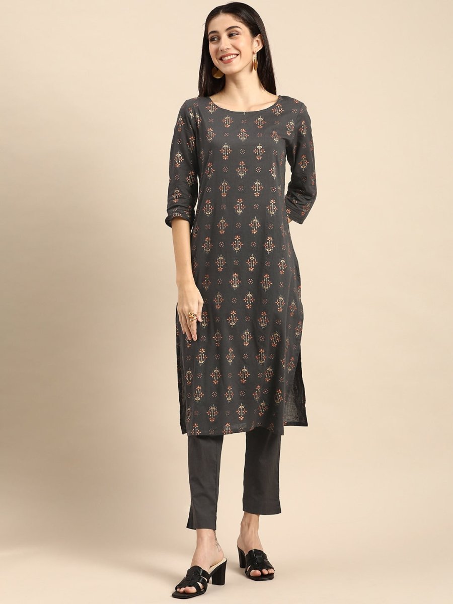 All About You Women Grey Ethnic Motifs Printed Pure Cotton Kurta with Trousers - Distacart