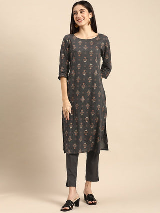 All About You Women Grey Ethnic Motifs Printed Pure Cotton Kurta with Trousers - Distacart