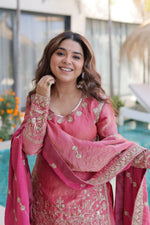 Thumbnail for Teeya Creation Womens New Pink Color Fendi Crush With Zari & Sequins Embroidered Work - Dista