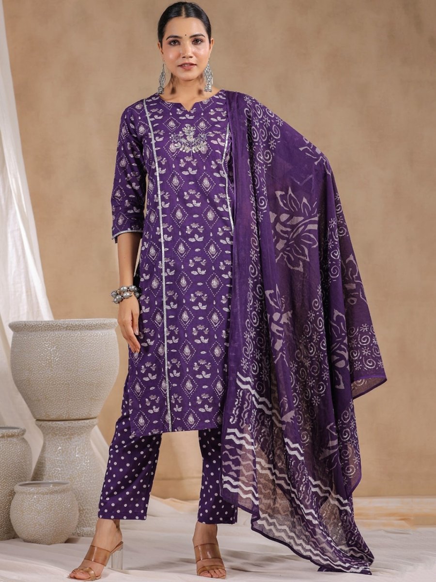 Anubhutee Ethnic Motifs Printed Gotta Patti Pure Cotton Kurta With Trousers & Dupatta - Distacart