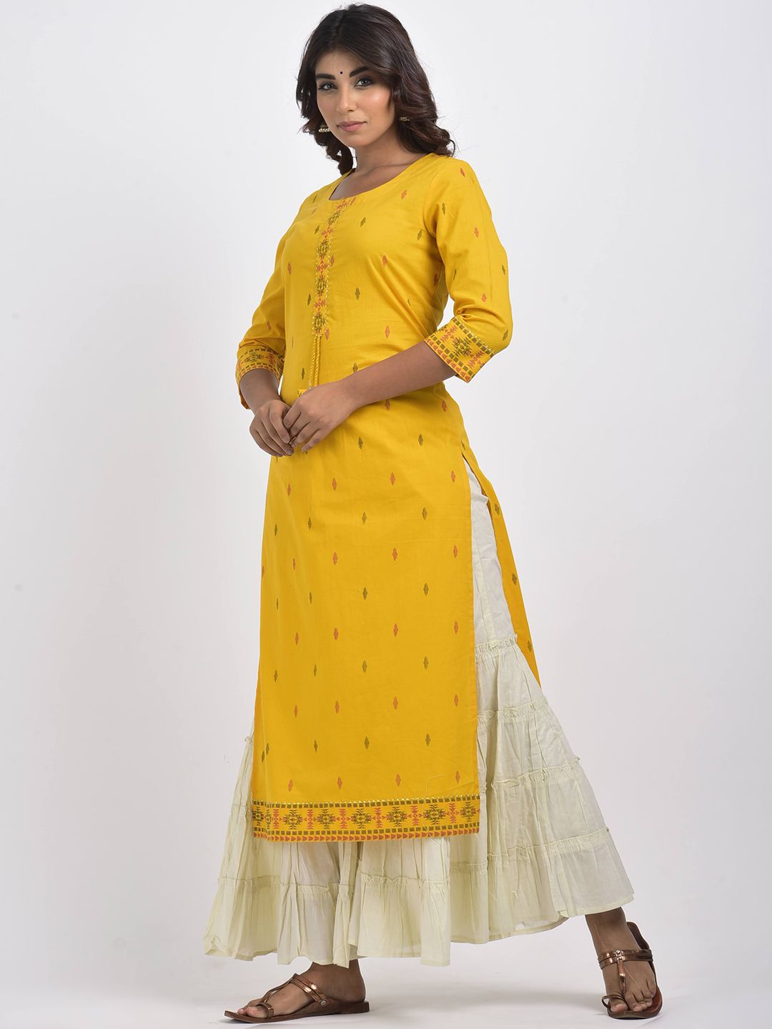 Swasti Women Yellow Geometric Embroidered Mirror Work Floral Kurta - Distacart