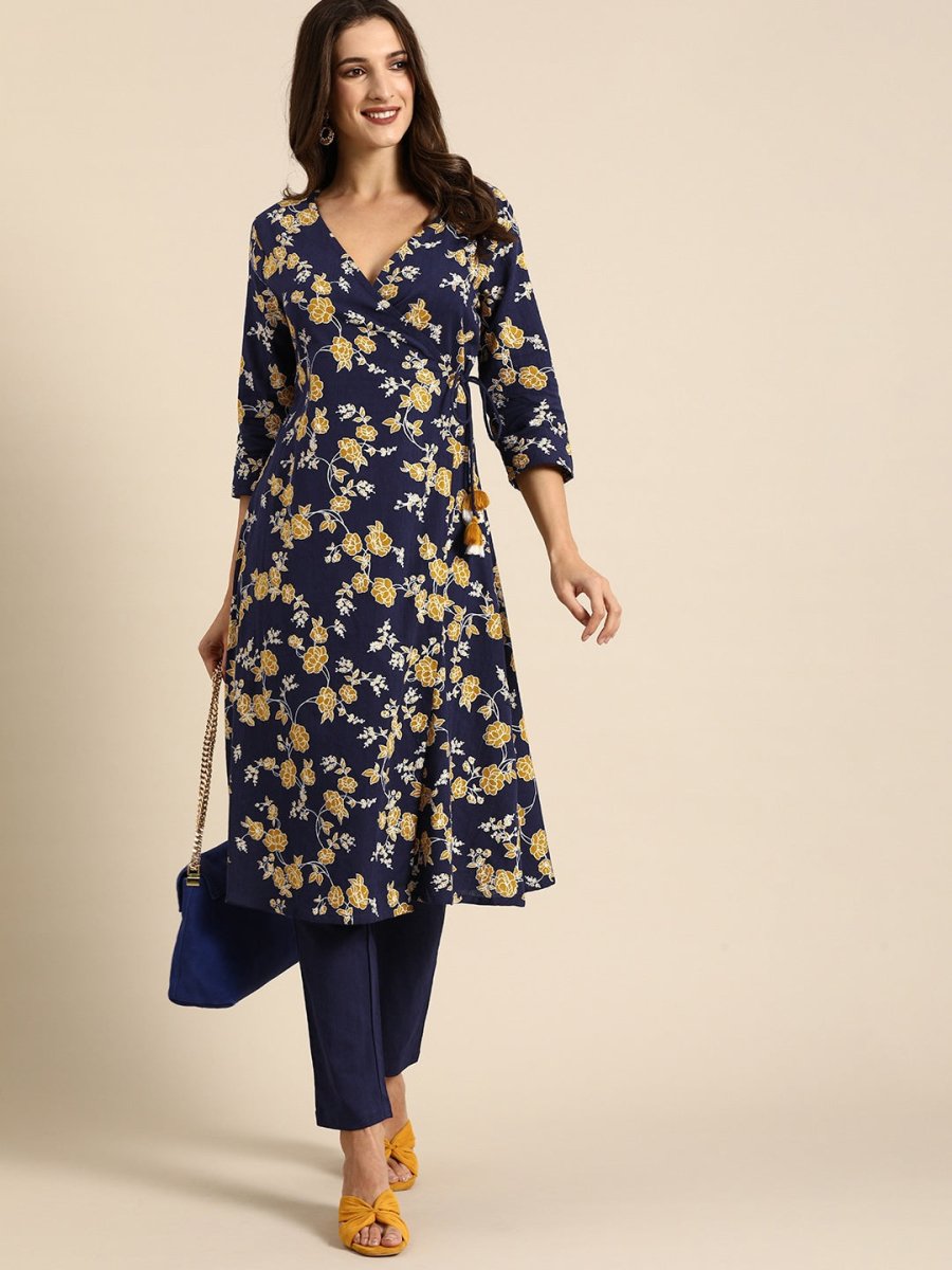 All About You Women Navy Blue Floral Printed Angrakha Pure Cotton Kurta with Trousers - Distacart