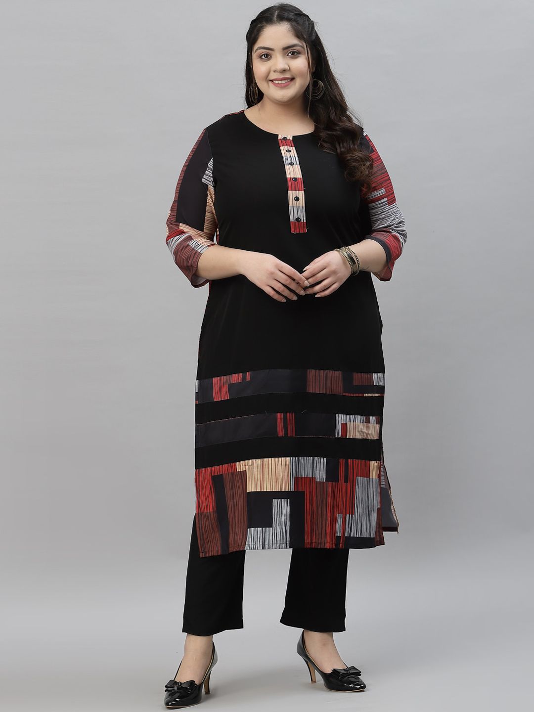 Sztori Black & Red Ethnic Motifs Printed Crepe A-Line Kurta - Distacart