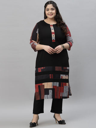 Sztori Black & Red Ethnic Motifs Printed Crepe A-Line Kurta