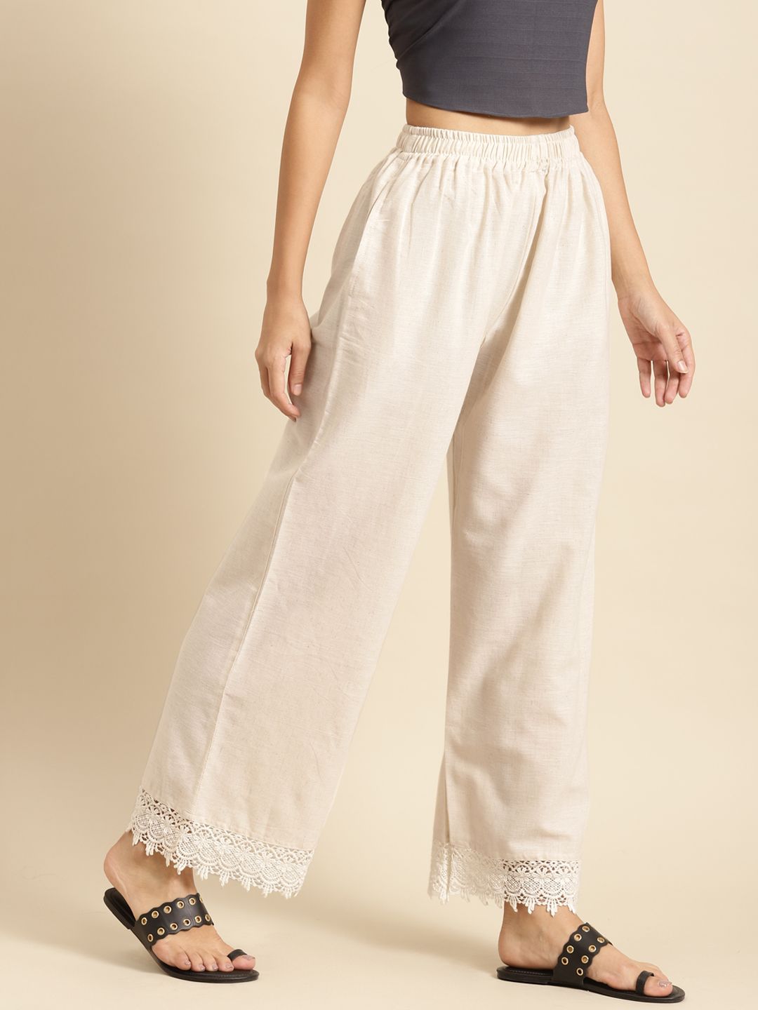 TAG 7 Women Off-White Solid Hem Design Straight Palazzos - Distacart