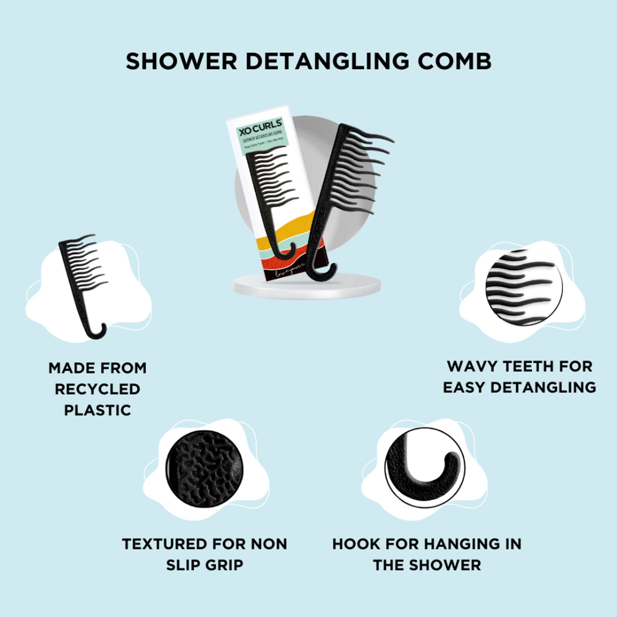 XO Curls Shower Detangling Comb - Black - Dista