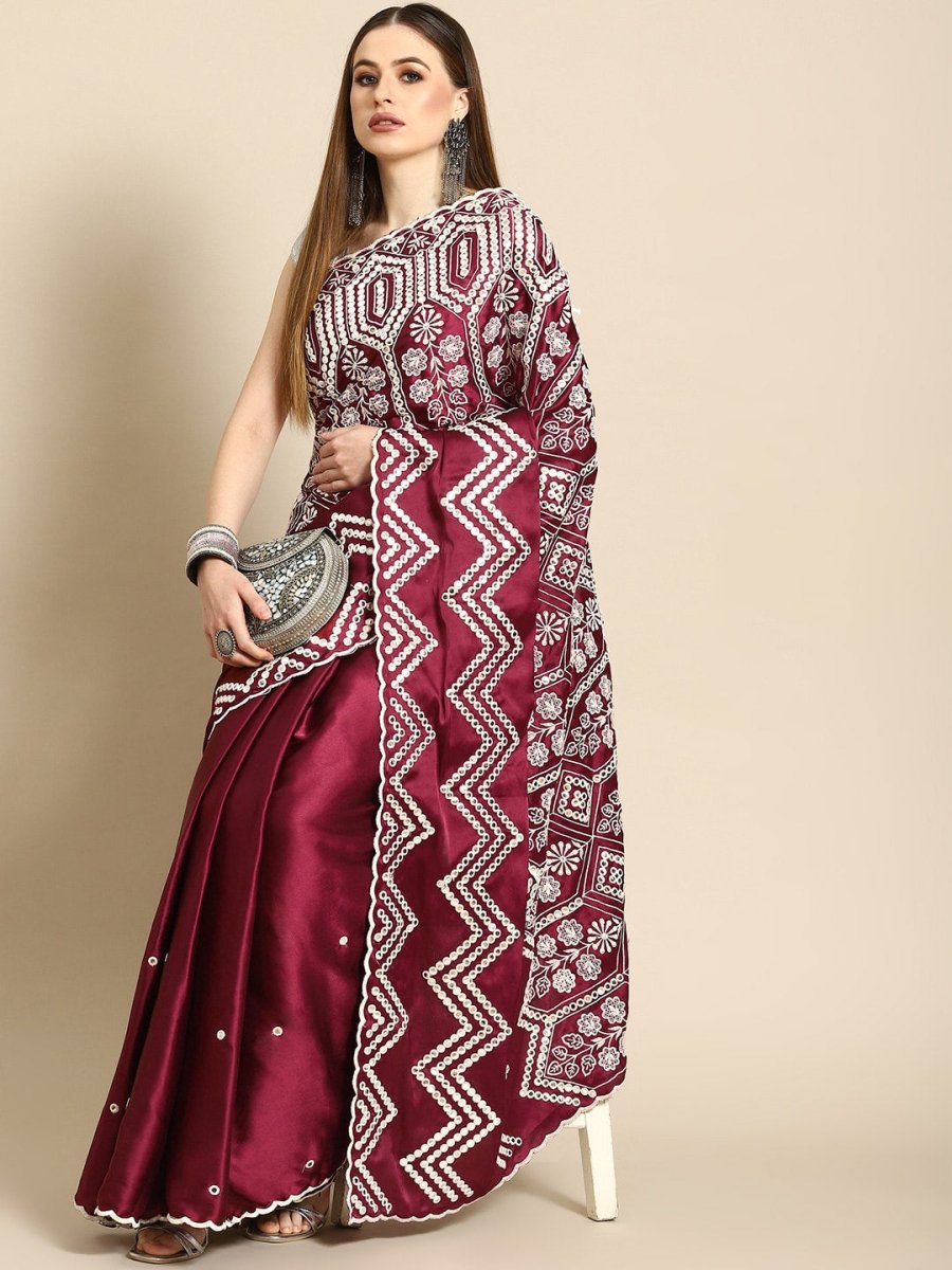 Anouk Burgundy Ethnic Motifs Mirror Work Satin Saree - Distacart