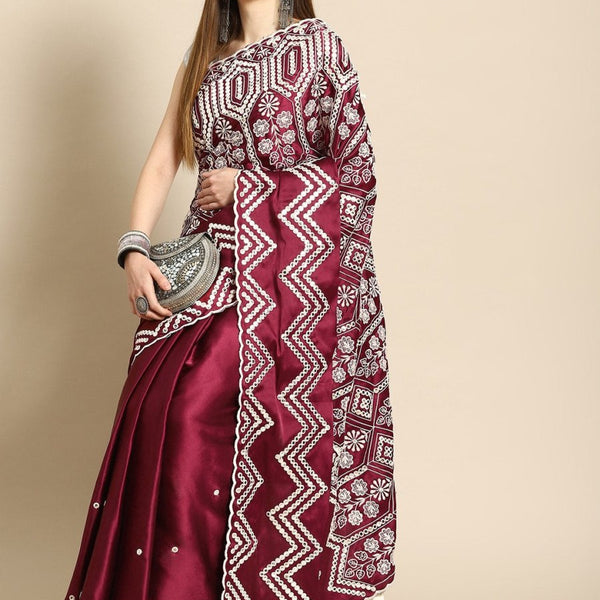 Anouk Burgundy Ethnic Motifs Mirror Work Satin Saree - Distacart