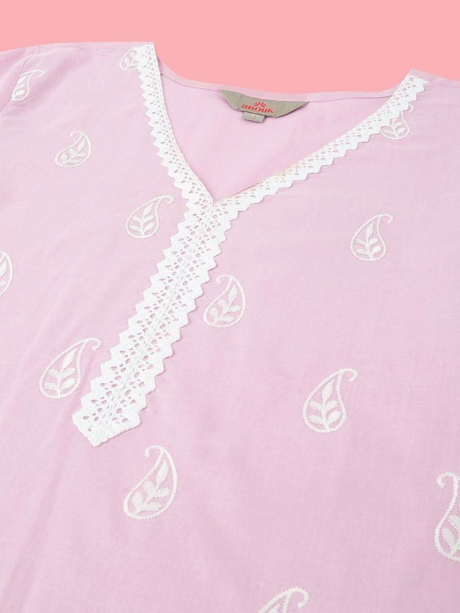 Anouk Pink Paisley Embroidered V-Neck Pure Cotton Straight Kurta with Trousers & Dupatta - Distacart