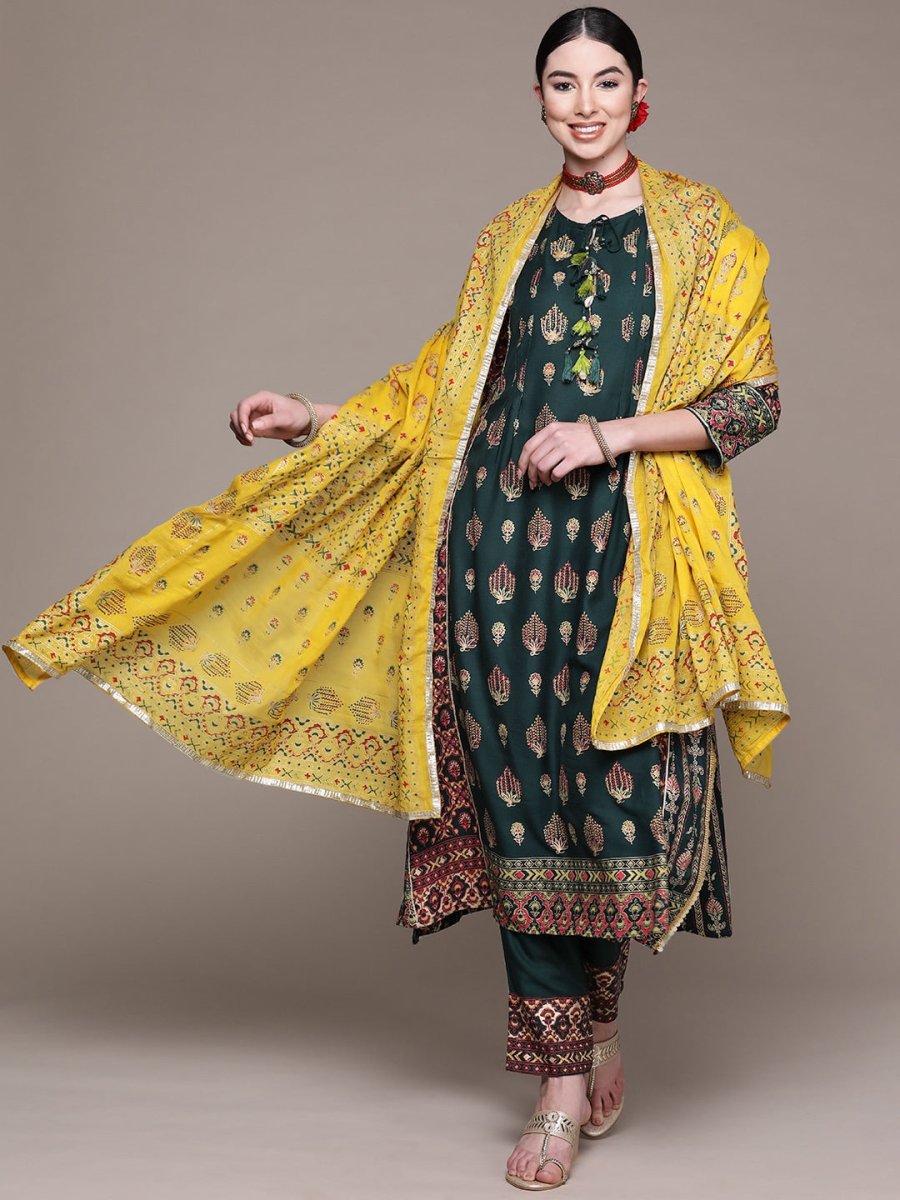 Anubhutee Women Green & Yellow Ethnic Motifs Printed Kurta with Palazzos & With Dupatta - Distacart