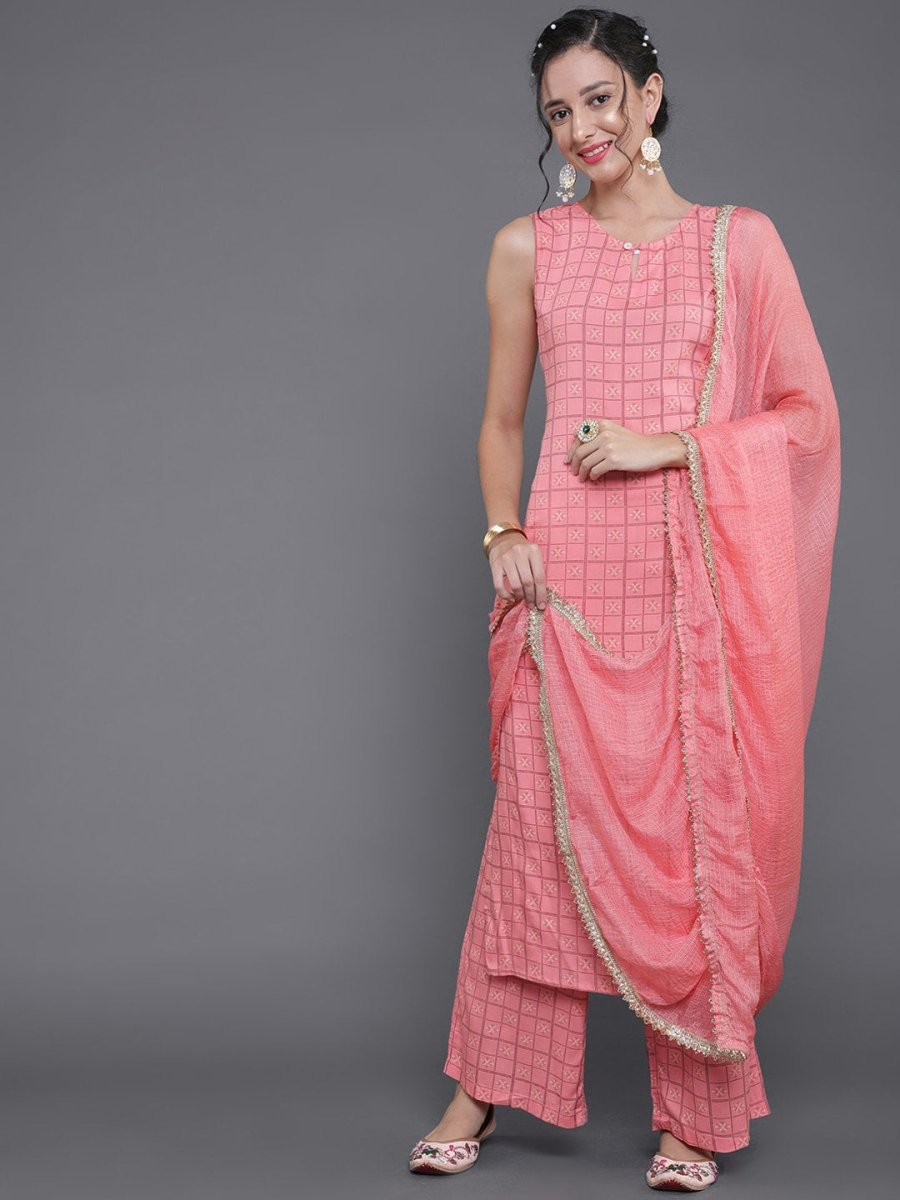 Aks Ethnic Motifs Printed Straight Kurta with Palazzos & Dupatta - Distacart