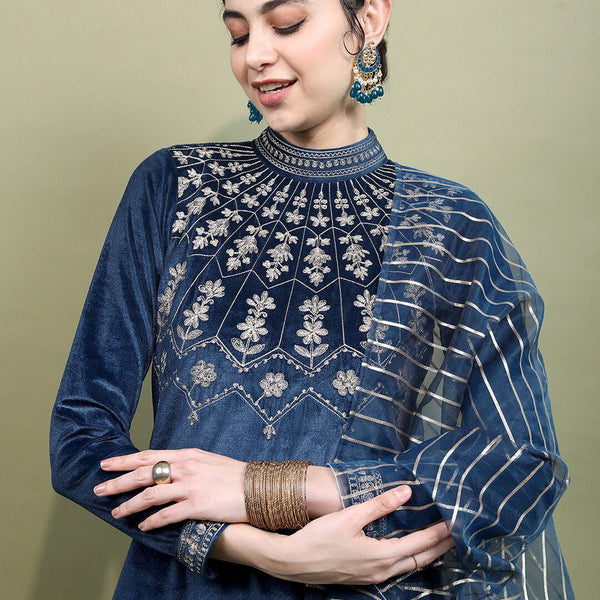 Vishudh Women Teal Embroidered Knited Velvet Kurta with Trousers & Dupatta - Distacart