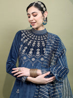 Thumbnail for Vishudh Women Teal Embroidered Knited Velvet Kurta with Trousers & Dupatta