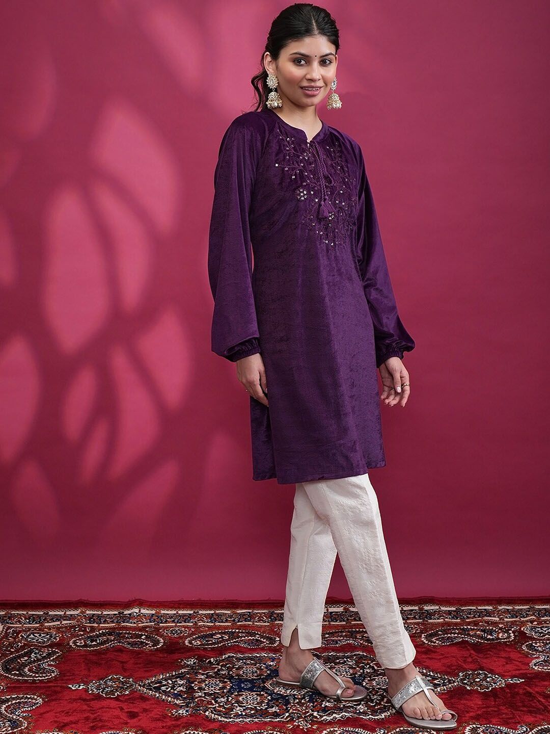 Vishudh Purple Floral Embroidered Sequined Straight Kurta