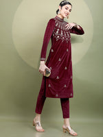 Thumbnail for Vishudh Women Floral Embroidered Knitted Velvet Kurta with Trousers & With Dupatta