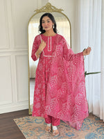 Thumbnail for The52 Women's Beautiful Rayon Fabric Printed Work Flared Kurta Pant and Dupatta Set - Distacart