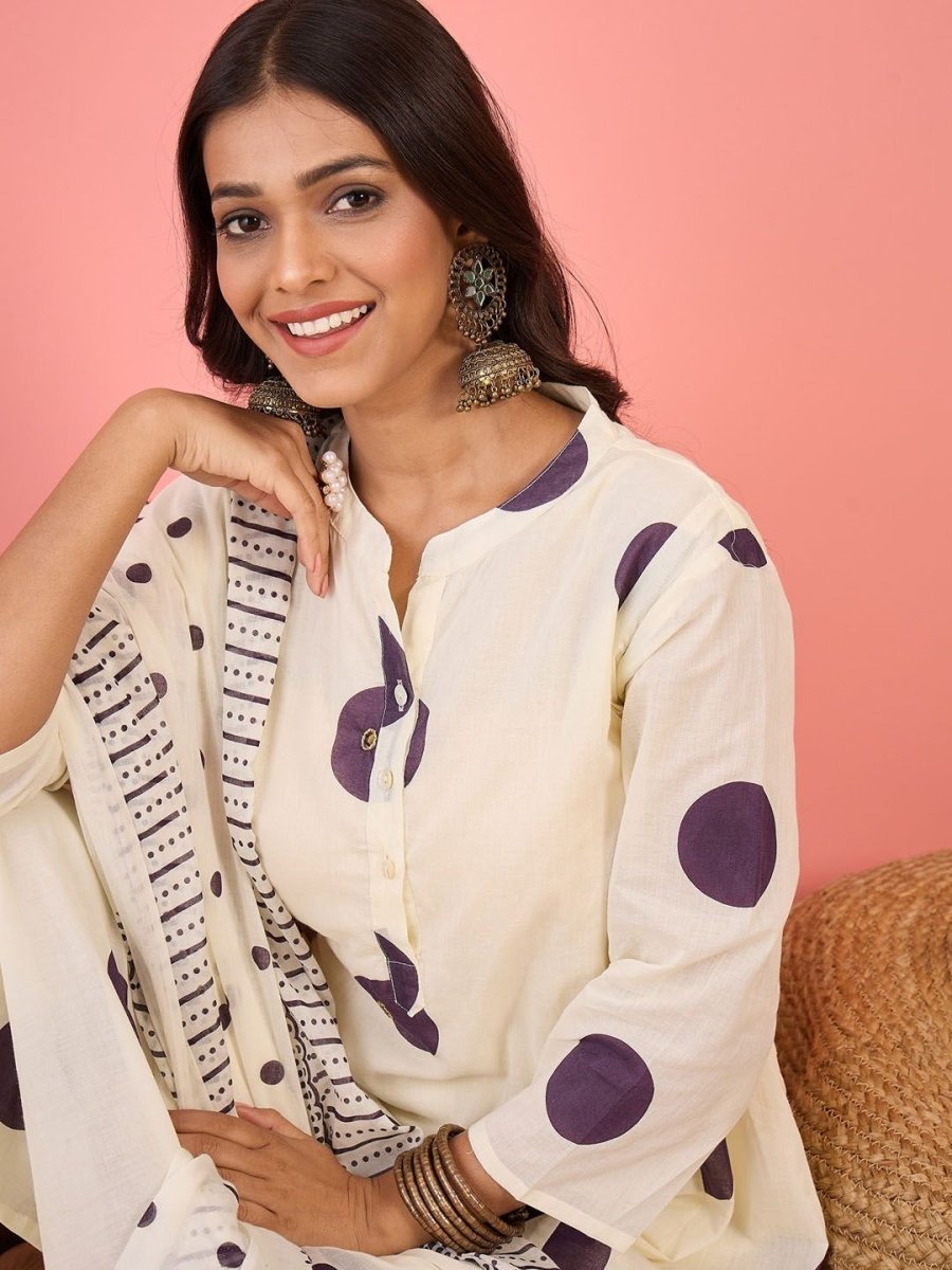 Anouk Purple & Off White Geometric Printed Pure Cotton Kurta with Palazzos & With Dupatta - Distacart
