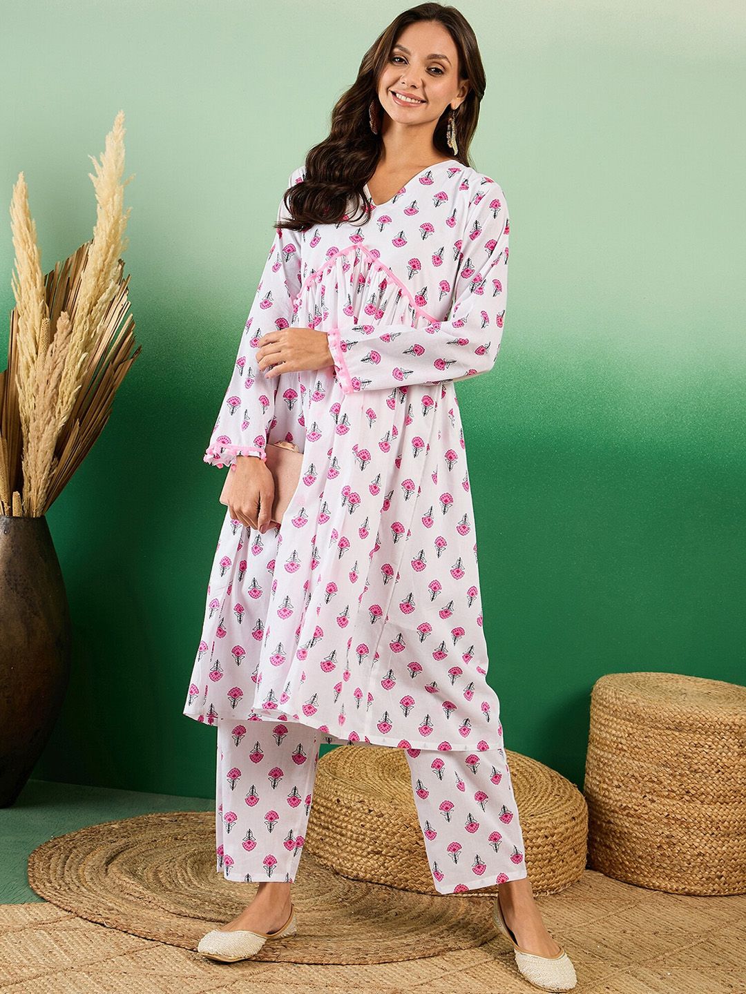 Sangria Floral Printed Pure Cotton Anarkali Kurta With Trouser - Distacart