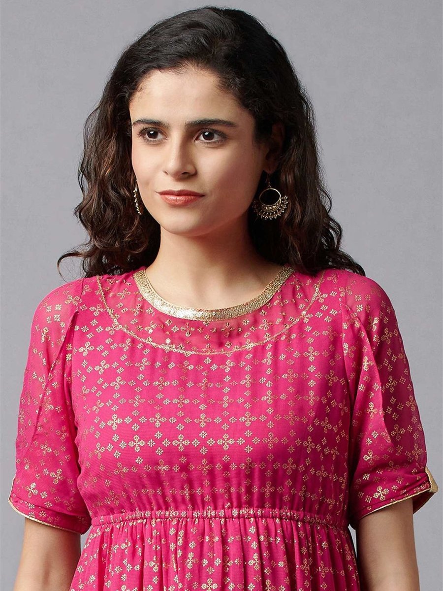 AURELIA Fuchsia & Gold-Toned Ethnic Motifs Ethnic Midi Dress - Distacart
