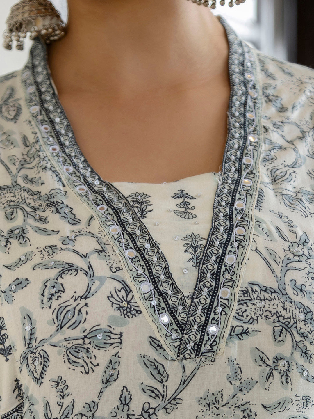 Kalini Floral Yoke Design Empire V-Neck Mirror Work Cotton Kurta with Patiala & Dupatta - Distacart