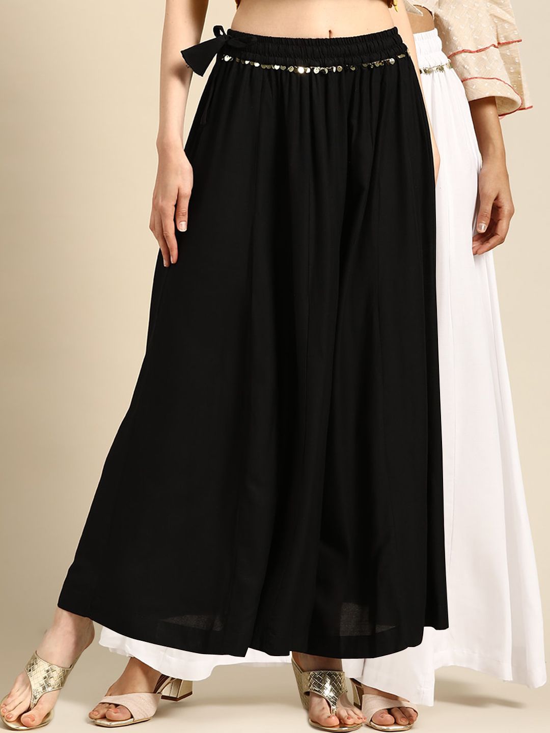 TAG 7 Women Black & White Solid Flared Palazzos - Distacart