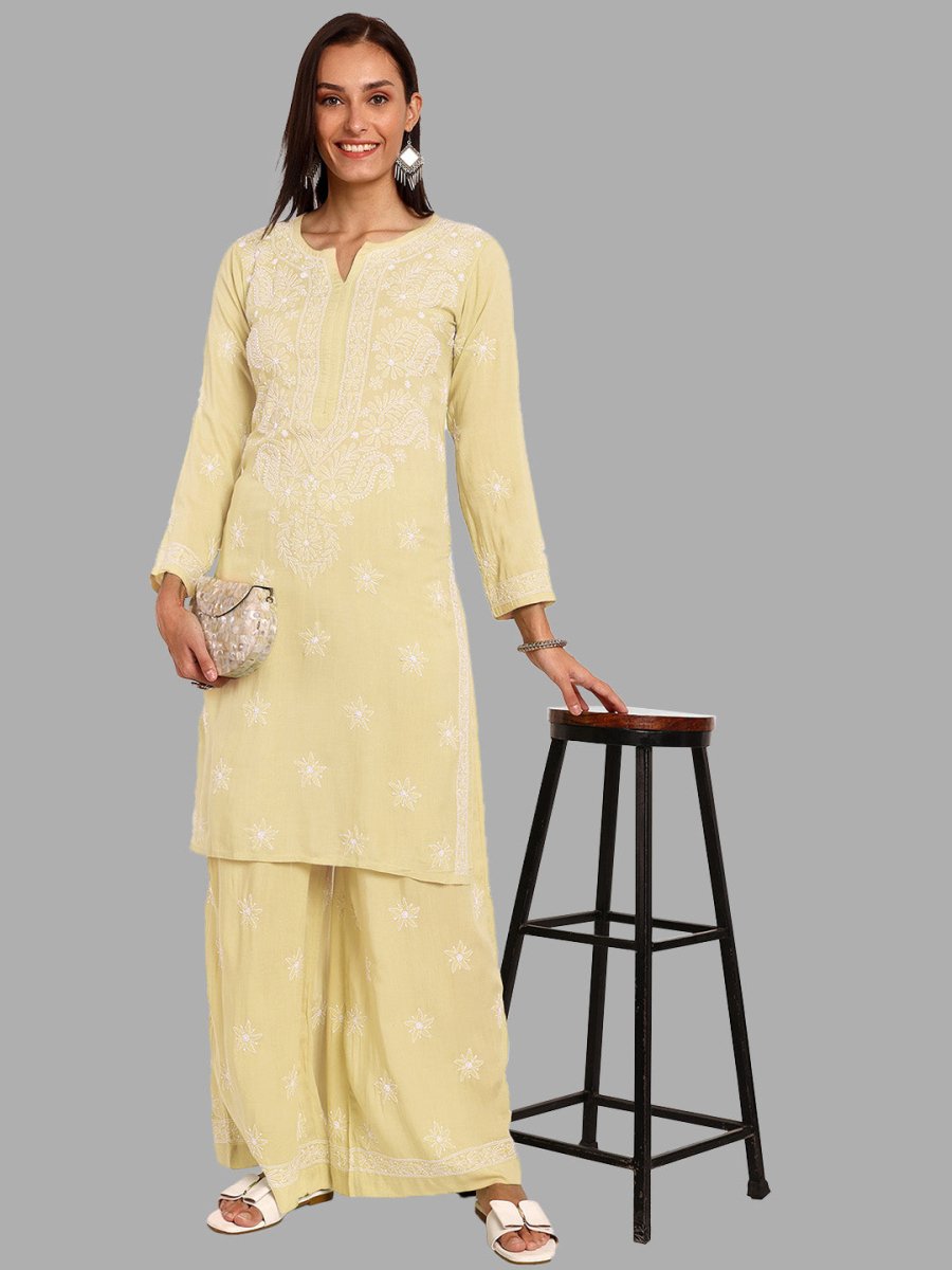 ADA Ethnic Motifs Embroidered Regular Chikankari Kurta with Palazzos - Distacart
