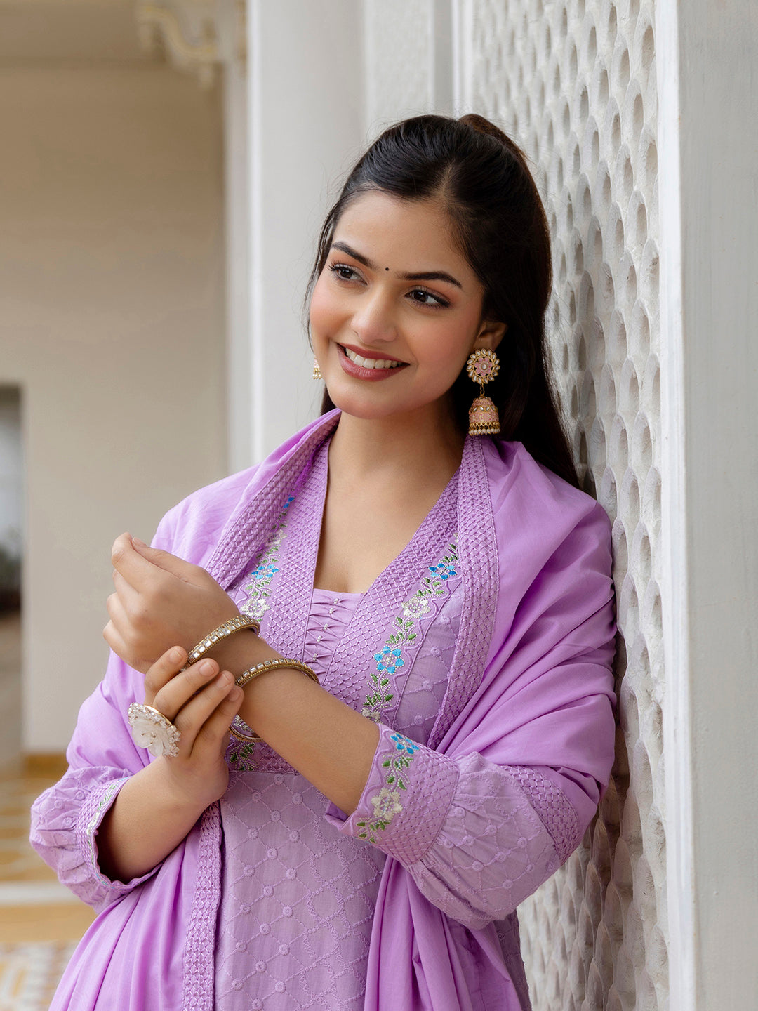 Kalini Floral Embroidered V-Neck Thread Work Pure Cotton Kurta With Trousers & Dupatta - Distacart