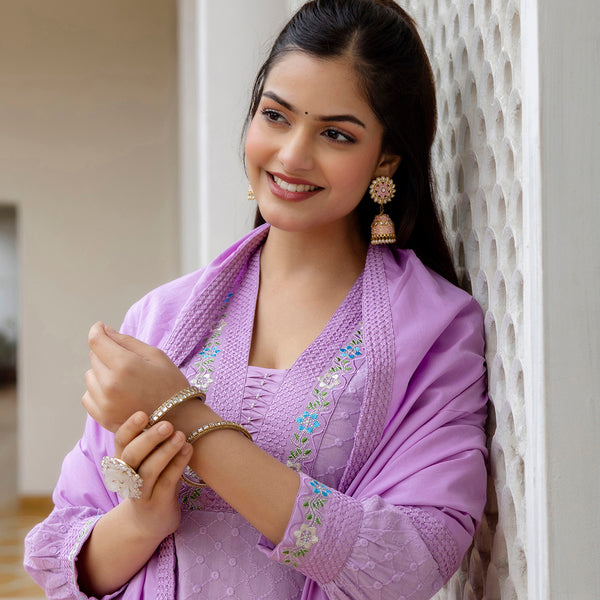 Kalini Floral Embroidered V-Neck Thread Work Pure Cotton Kurta With Trousers & Dupatta - Distacart