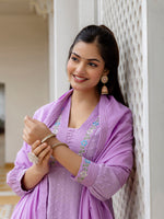Thumbnail for Kalini Floral Embroidered V-Neck Thread Work Pure Cotton Kurta With Trousers & Dupatta - Distacart