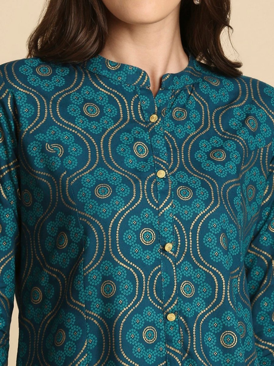 Anubhutee Women Teal Blue & Beige Ethnic Motifs Printed Straight Kurti - Distacart