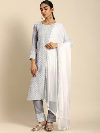 All About You Women Embroidered Chikankari Kurta With Trousers & With Dupatta - Distacart