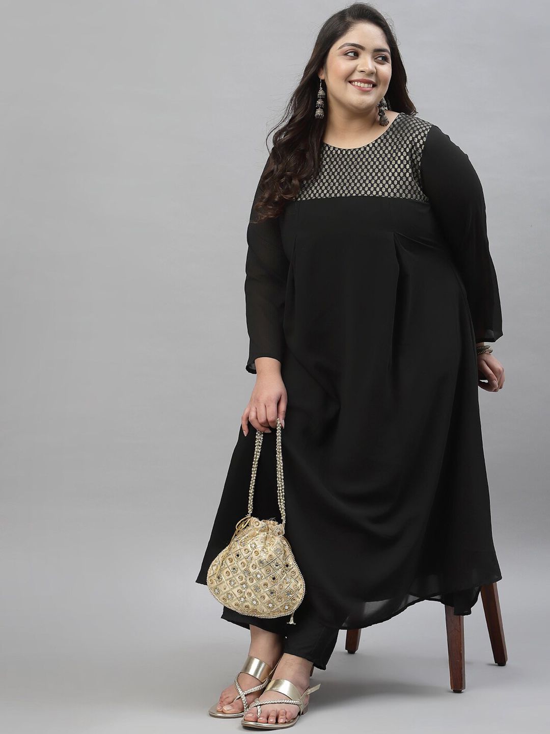 Sztori Plus Size Ethnic Motif Foil Printed Straight Georgette Kurta with Trousers - Distacart