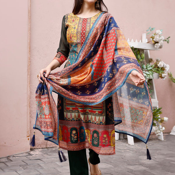 Kalini Round Neck Ethnic Motifs Printed Regular Thread Work Chanderi Silk Kurta Set - Distacart