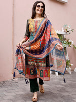 Thumbnail for Kalini Round Neck Ethnic Motifs Printed Regular Thread Work Chanderi Silk Kurta Set - Distacart