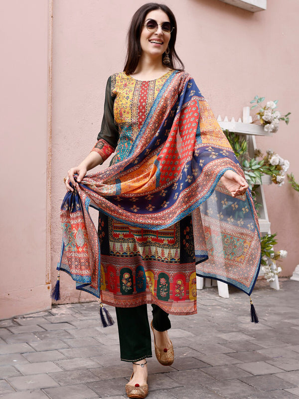 Kalini Round Neck Ethnic Motifs Printed Regular Thread Work Chanderi Silk Kurta Set - Distacart