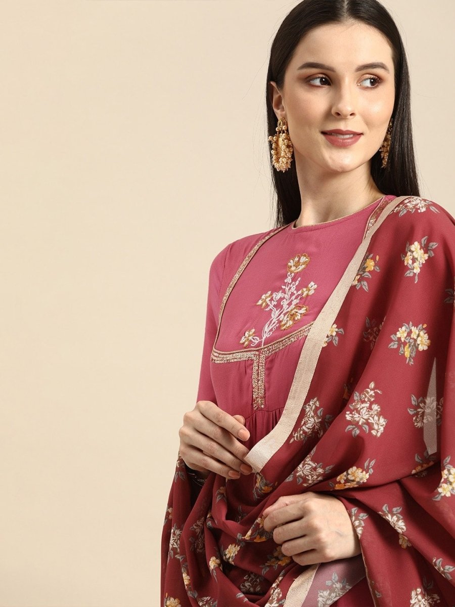 All About You Women Rust Pink Ethnic Motifs Yoke Design Thread Work Kurta with Dupatta - Distacart