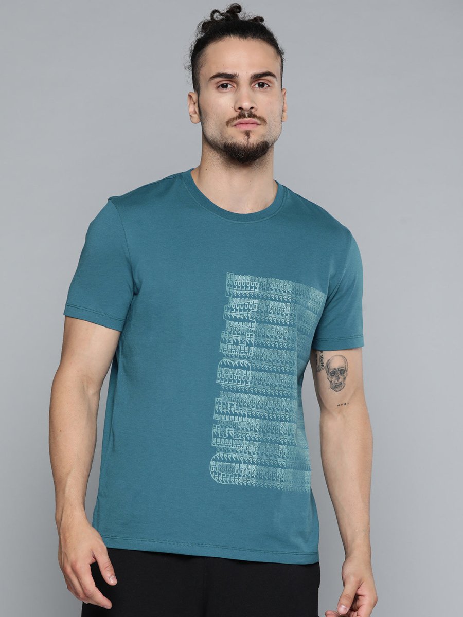 Alcis Men Teal Blue Typography Printed Slim Fit Gym T-shirt - Distacart