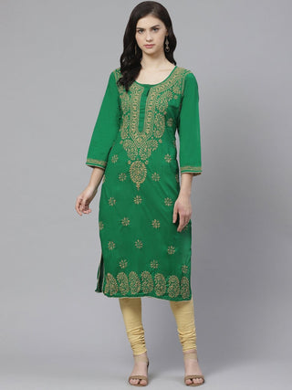ADA Women Green & Beige Chikankari Embroidered Sustainable Handloom Kurta with Churidar - Distacart