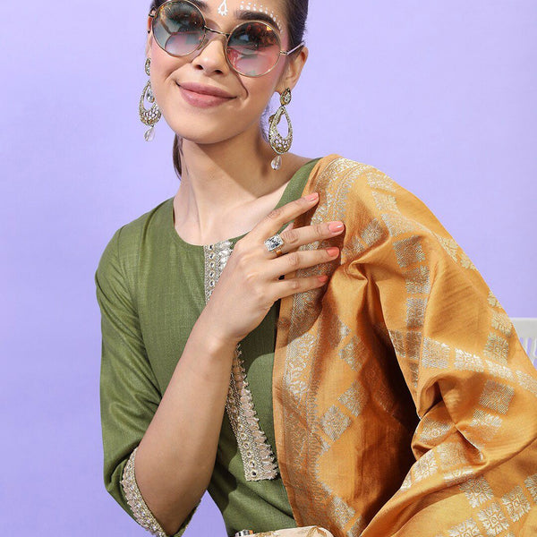 Vishudh Women Green Panelled Kurta with Trousers & With Dupatta - Distacart