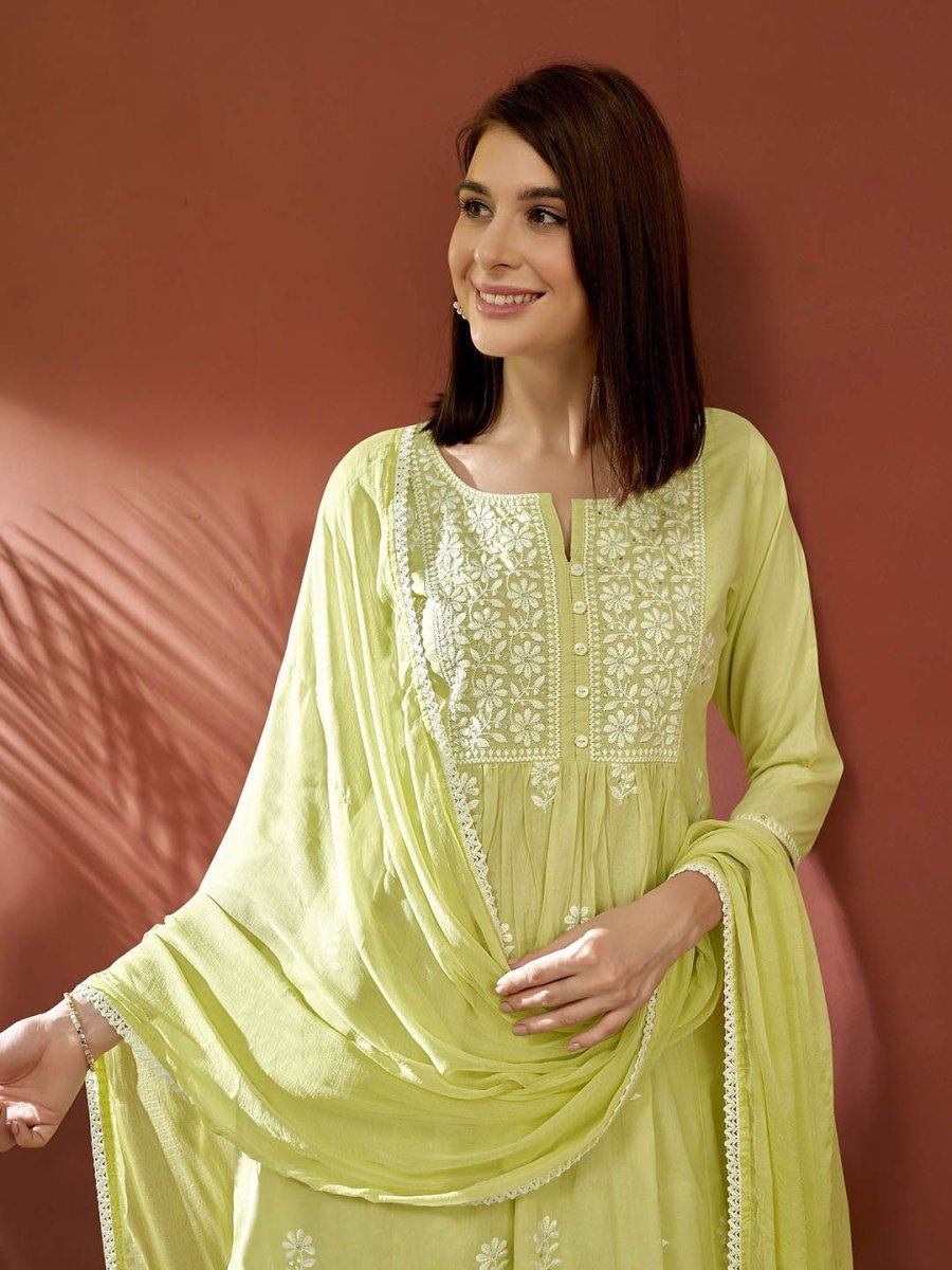 Anouk Women Floral Panelled Thread Work Pure Cotton Kurta with Trousers & With Dupatta - Distacart