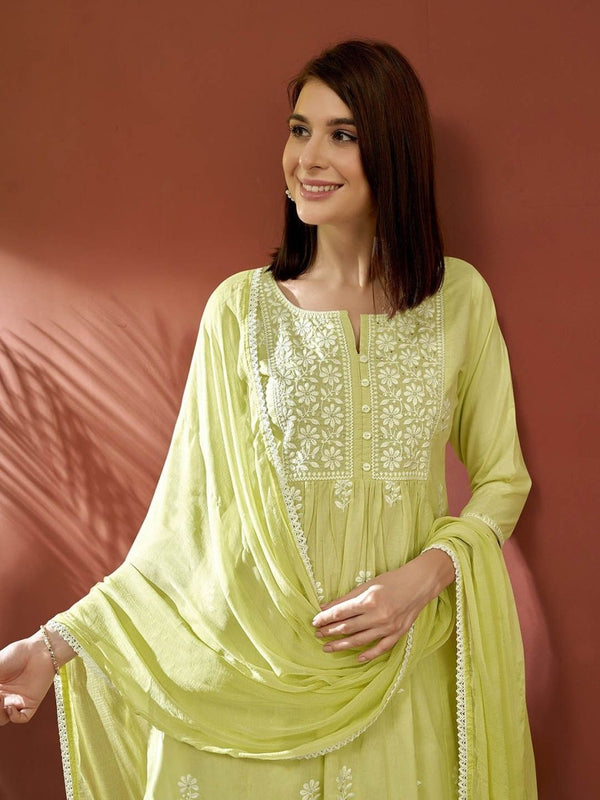 Anouk Women Floral Panelled Thread Work Pure Cotton Kurta with Trousers & With Dupatta