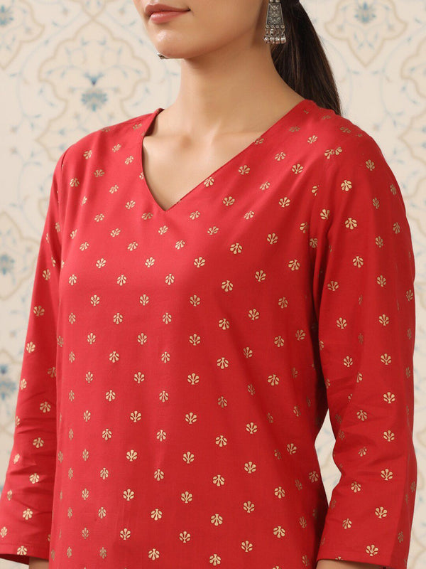 Ode by House of Pataudi Red & Beige Printed V Neck Pure Cotton Kurta With Palazzos - Distacart
