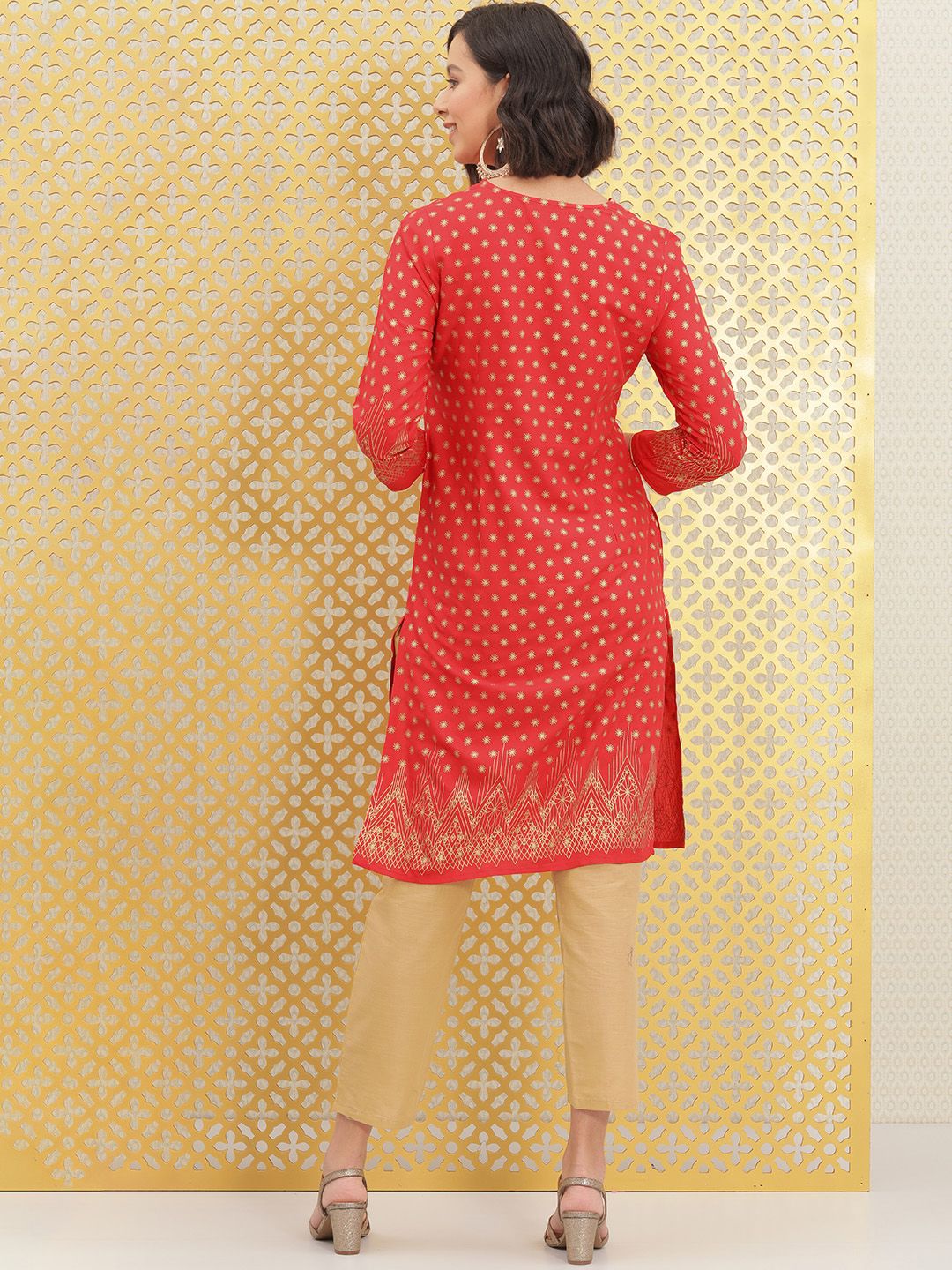 Ode by House of Pataudi Women Red & Gold-Toned Ethnic Motifs Printed Block Print Brocade Kurta - Distacart