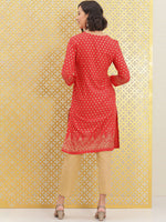 Thumbnail for Ode by House of Pataudi Women Red & Gold-Toned Ethnic Motifs Printed Block Print Brocade Kurta - Distacart