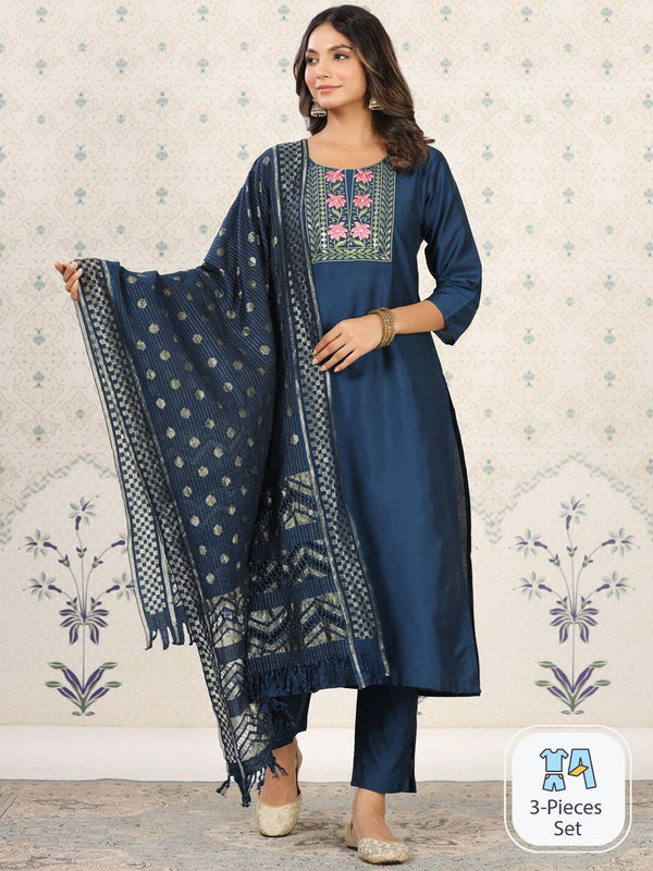 Ode by House of Pataudi Ethnic Motifs Yoke Design Kurta With Trousers & Dupatta - Distacart