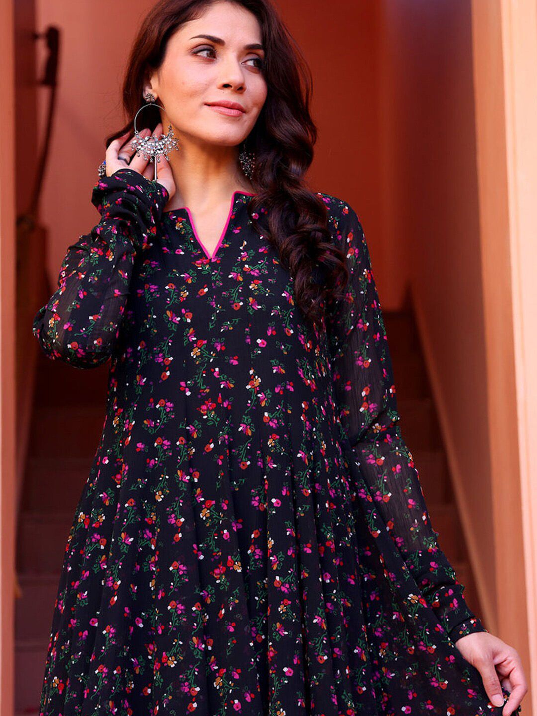 Kalini Floral Printed Round Neck Long Sleeves Georgette Anarkali Kurta - Distacart